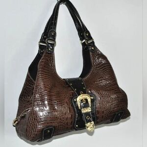 Lucidity Brown & Black Faux Leather Croc Gold Buckle Large Shoulder Bag Purse